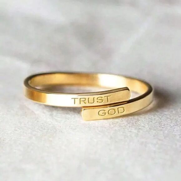 Open Ring with "TRUST GOD" Engraving Religious Christian Baptism Dainty Jewelry - Picture 1 of 3
